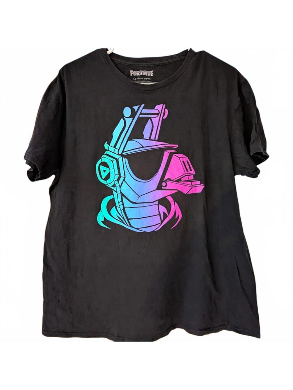 Fortnite Men L T-Shirt Neon Mecha Team Leader Helmet Graphic Black Tee 22.5x27.5